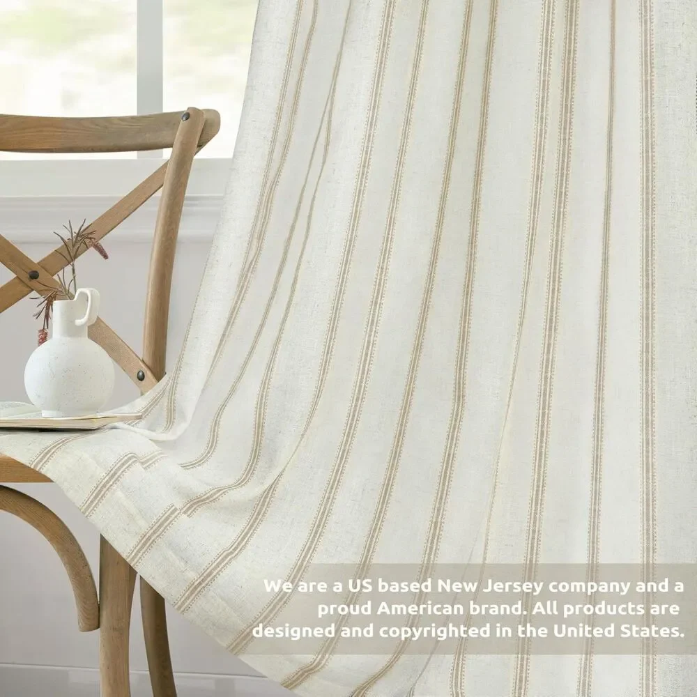 Set of 2 Panels, W52 x L36, Farmhouse Linen Curtains (Camel Beige Striped)